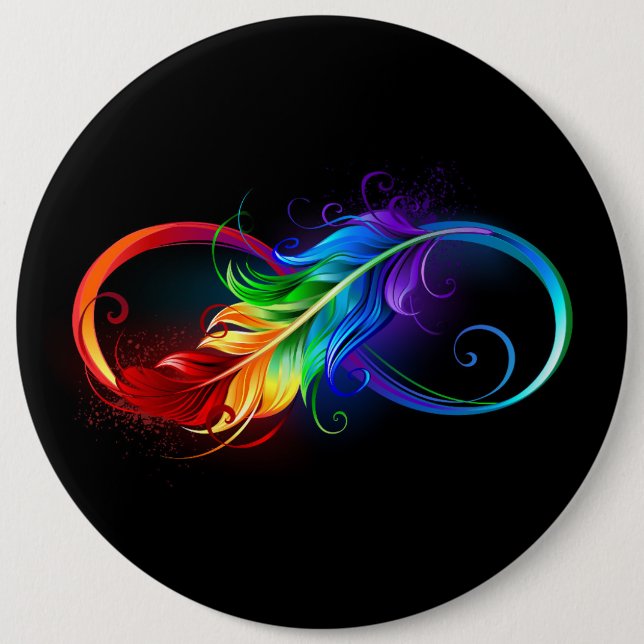 Badge Rond 15,2 Cm Symbole d'infini avec plume arc-en-ciel (Devant)