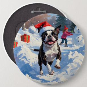 Badge Rond 15,2 Cm Terrier de Boston Scène de neige festive de Noël