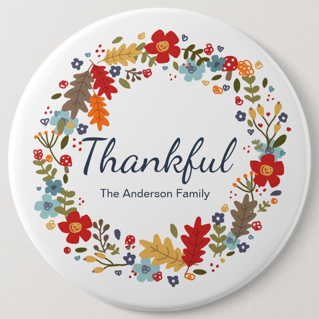 Badge Rond 15,2 Cm Thanksgiving Thankful Fall personnalisée (Devant)