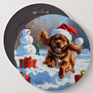 Badge Rond 15,2 Cm Tibétain Spaniel courant dans la neige avec un cha