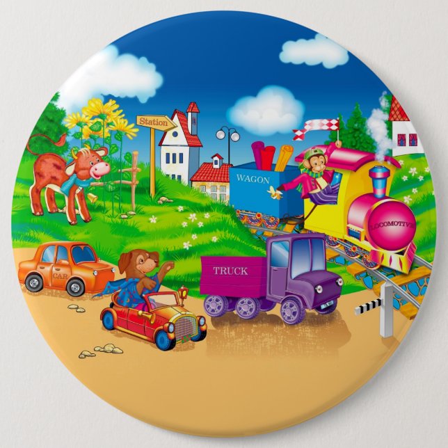 Badge Rond 15,2 Cm train et voiture (Devant)