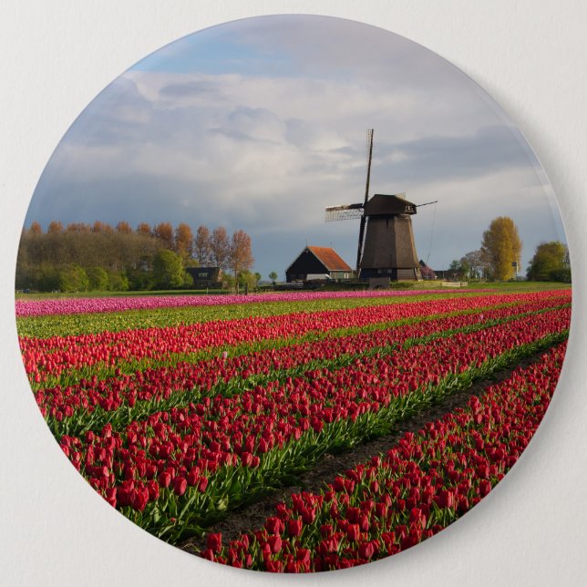 Badge Rond 15,2 Cm Tulipes rouges et un moulin à vent (Devant)