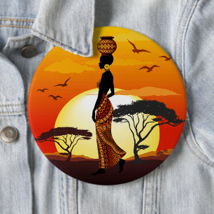 Badge Rond 15,2 Cm Une belle femme africaine Silhouette sur les solei