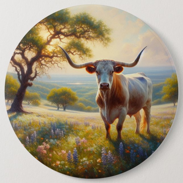 Badge Rond 15,2 Cm Vache à landes du printemps du Texas (Devant)