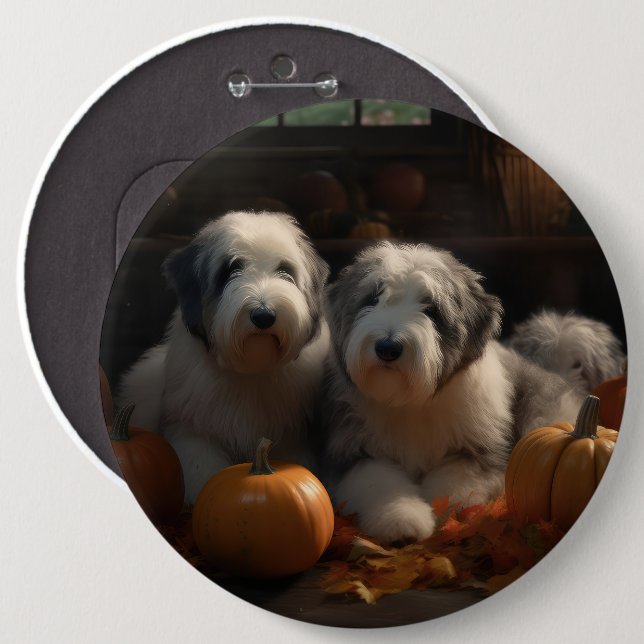 Badge Rond 15,2 Cm Vieux anglais Sheepdog Chiot Chiot Automne Citroui (Devant & derrière)