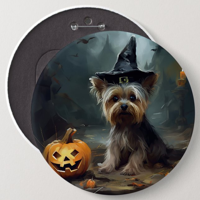 Badge Rond 15,2 Cm Yorkshire Terrier Citrouilles Halloween effrayant (Devant & derrière)