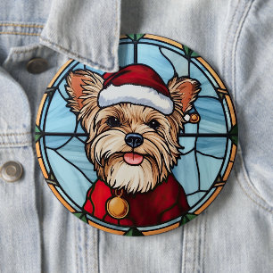 Badge Rond 15,2 Cm Yorkshire Terrier Vitrail Noël