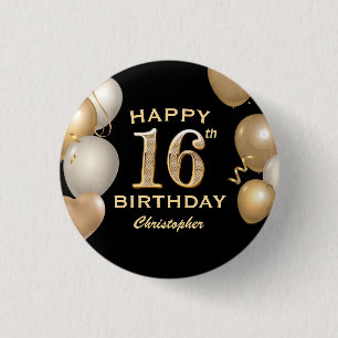 Badge Rond 2,50 Cm 16e fête d'anniversaire Ballons noirs et or