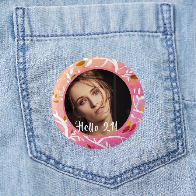 Badge Rond 2,50 Cm 21e anniversaire photo personnalisée motif botaniq (Créateur téléchargé)