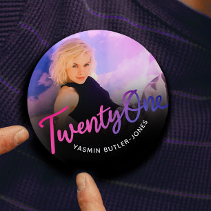 Badge Rond 2,50 Cm 21e anniversaire photo personnalisée violet rose n