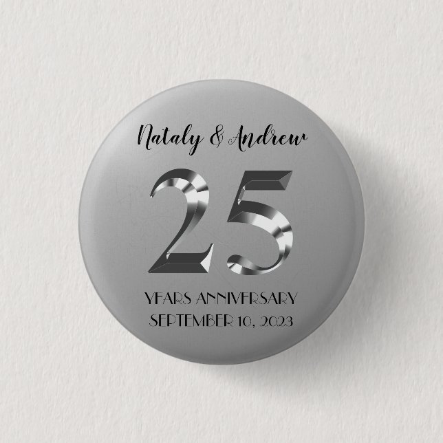Badge Rond 2,50 Cm 25e anniversaire Mariage d'argent métallique (Devant)