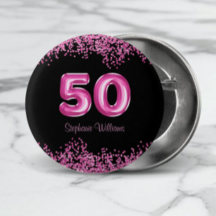 Badge Rond 2,50 Cm 50e anniversaire Hot rose Balloon Police Faux Part