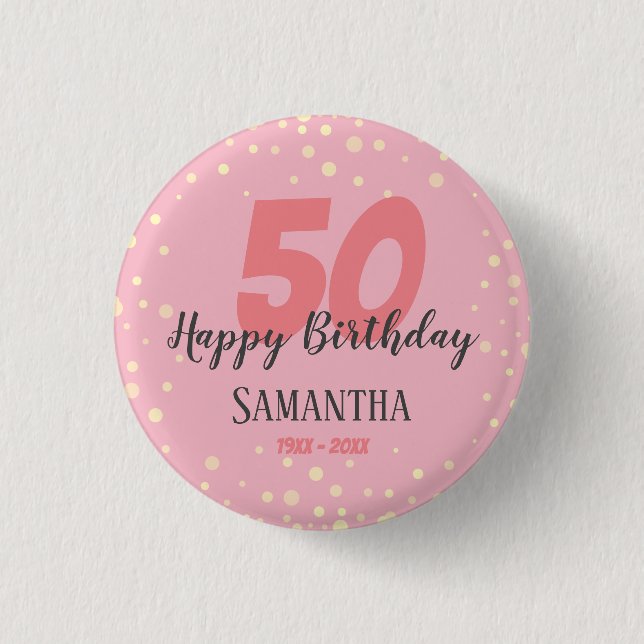 Badge Rond 2,50 Cm 50e fête d'anniversaire avec Confetti rose (Devant)