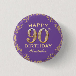 Badge Rond 2,50 Cm 90th Birthday Party Purple and Gold Glitter Frame