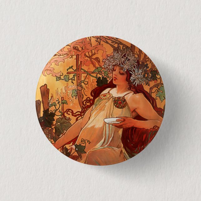 Badge Rond 2,50 Cm Alphonse Mucha, Quatre Saisons, Automne (Devant)