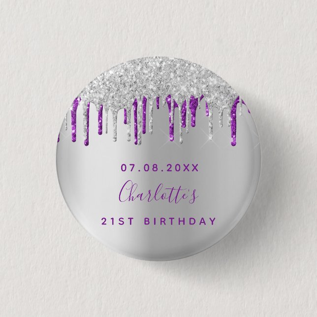 Badge Rond 2,50 Cm Anniversaire argent parties scintillant violet per (Devant)