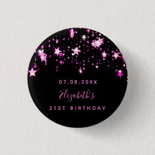 Badge Rond 2,50 Cm Anniversaire noir rose étoiles nom