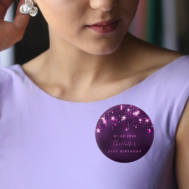 Badge Rond 2,50 Cm Anniversaire violet étoiles de parties scintillant (Créateur téléchargé)