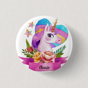 Badge Rond 2,50 Cm Aquarelle Cute Unicorn Coeur Nom personnalisé