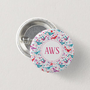 Badge Rond 2,50 Cm Aquarelle Oiseaux Lumineux Monogramme