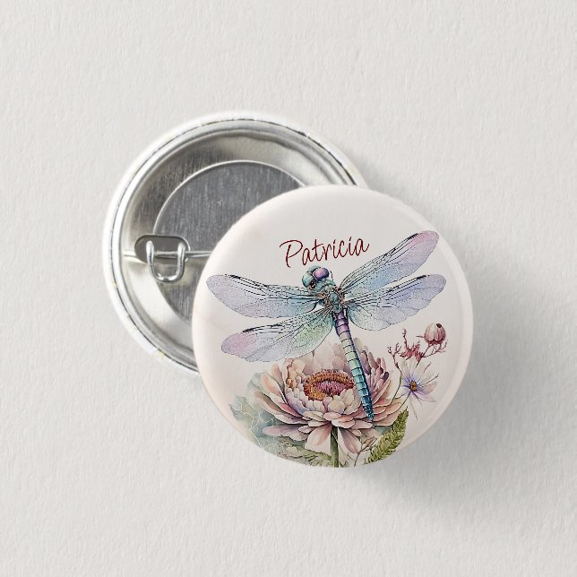Badge Rond 2,50 Cm Aquarelle Rétro Dragonfly and Peony Flower (Devant & derrière)
