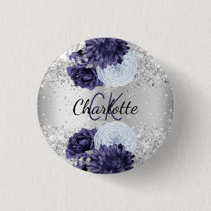 Badge Rond 2,50 Cm Argent bleu marine florales élégant nom tag