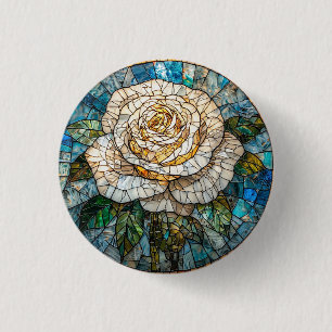 Badge Rond 2,50 Cm Art de vitrail détaillé de la belle rose blanche