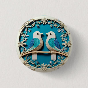 Badge Rond 2,50 Cm Art en papier de deux oiseaux avec motifs floraux