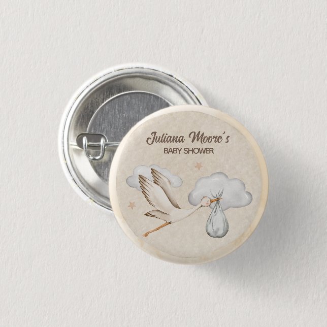 Badge Rond 2,50 Cm Baby shower de cigogne d'aquarelle (Devant & derrière)