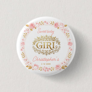 Badge Rond 2,50 Cm Baby Shower Fille Rose Poudré et Fleurs Dorées