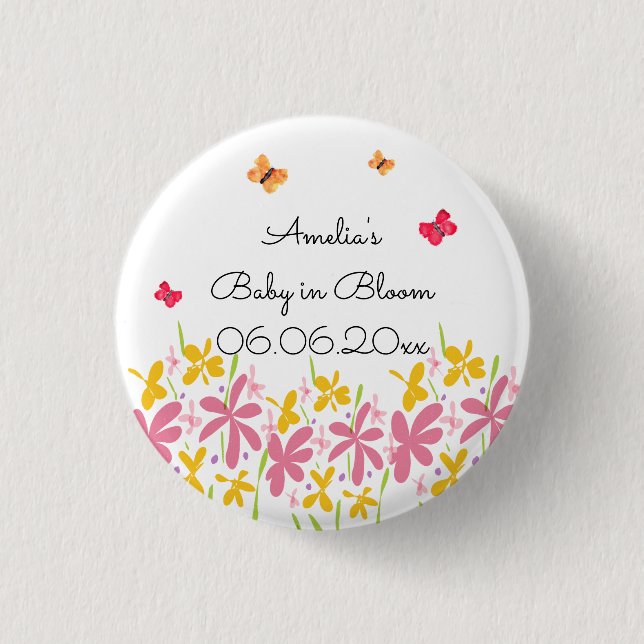 Badge Rond 2,50 Cm Baby Shower Fleur Sauvage Rose (Devant)