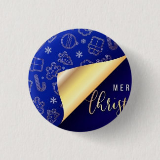 Badge Rond 2,50 Cm Beau Noël Bleu et Or Joyeux