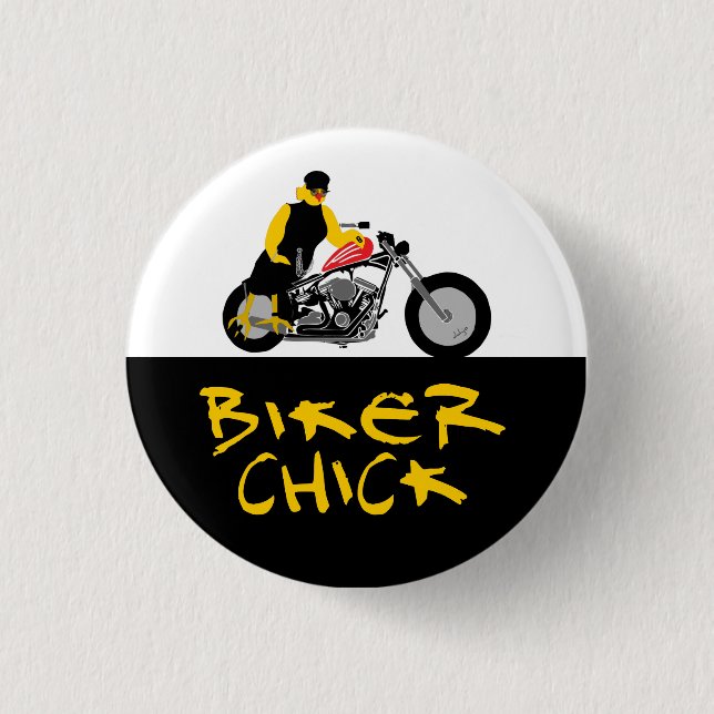 Badge Rond 2,50 Cm BIKER CHICK assise sur sa moto (Devant)