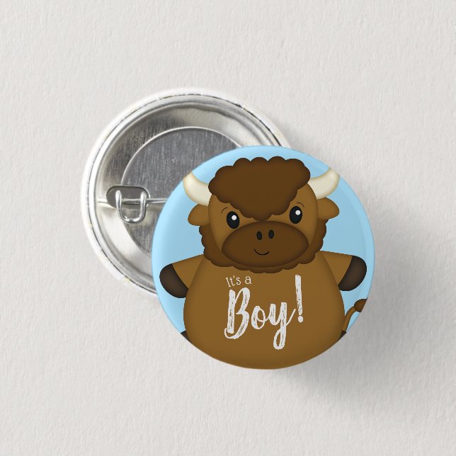 Badge Rond 2,50 Cm Bison Buffalo Baby shower Bleu (Devant & derrière)
