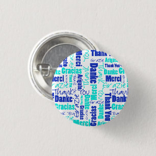 Badge Rond 2,50 Cm Bleus multilingues de typographie de "Merci"