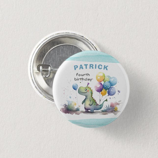 Badge Rond 2,50 Cm Blue Dinosaur Garçon Aquarelle Anniversaire (Devant & derrière)