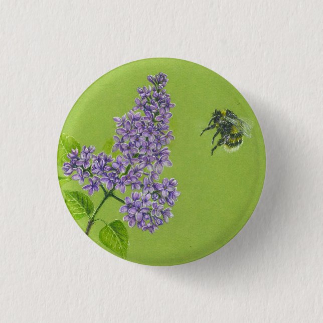 Badge Rond 2,50 Cm Bouton avec lilas et bourdons (Devant)