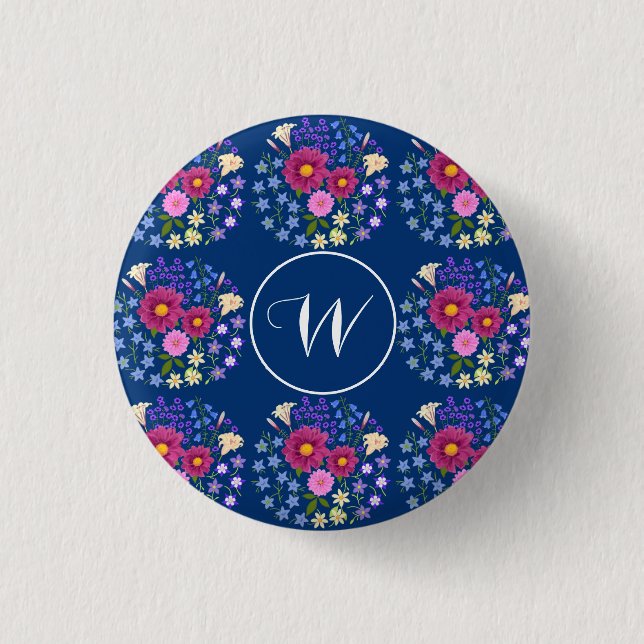 Badge Rond 2,50 Cm Bouton bleu Bouquet de fleurs (Devant)