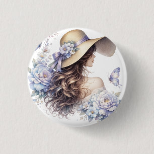 Badge Rond 2,50 Cm Bouton de dame florale bleu élégant