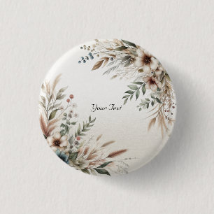 Badge Rond 2,50 Cm Bouton Fleurs Bleu Ivoire Aquarelle