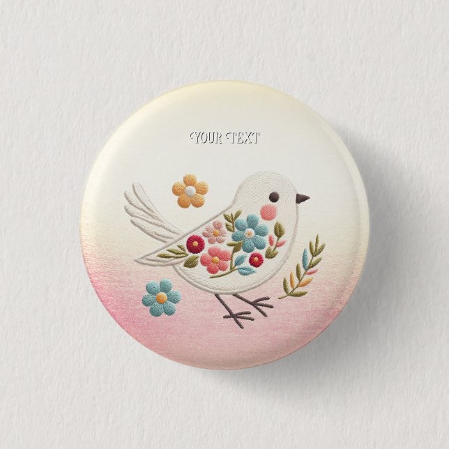 Badge Rond 2,50 Cm Bouton Floral Petit Oiseau Blanc (Devant)