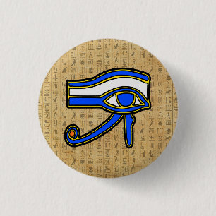 Badge Rond 2,50 Cm Bouton Horus Bleu Sur Hiéroglyphes