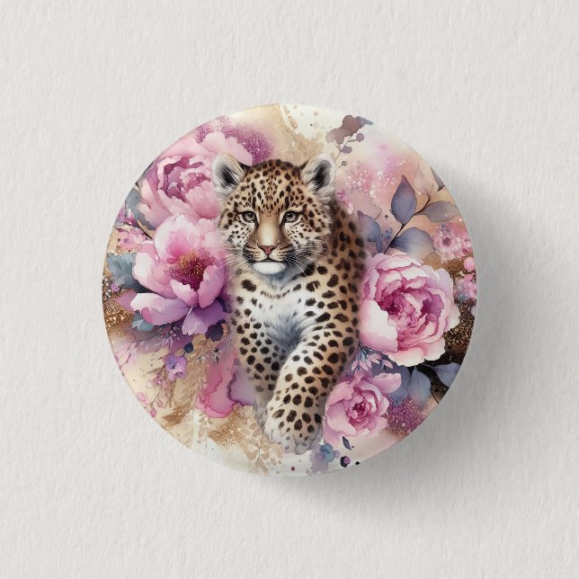 Badge Rond 2,50 Cm Bouton Leopard Cub & Rose (Devant)