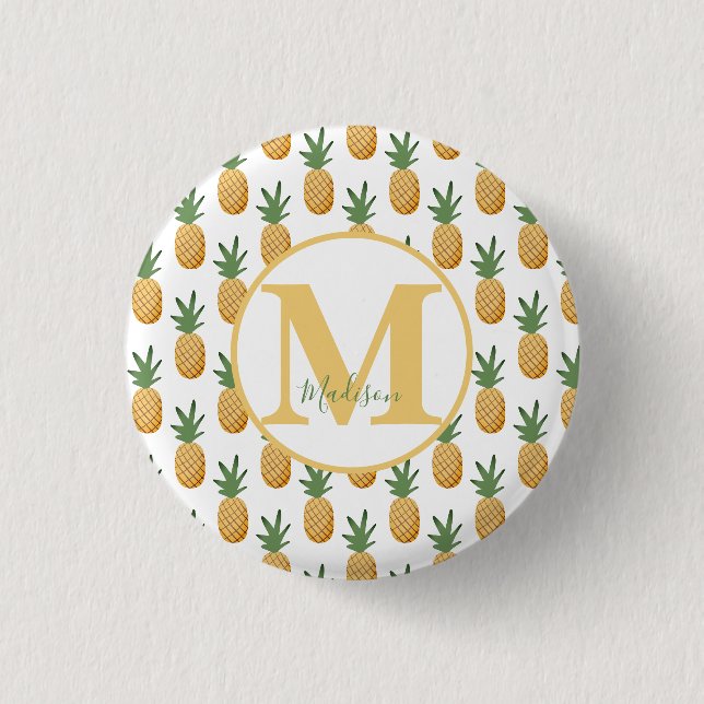 Badge Rond 2,50 Cm Bouton Monogramme d'ananas tropical mignon (Devant)