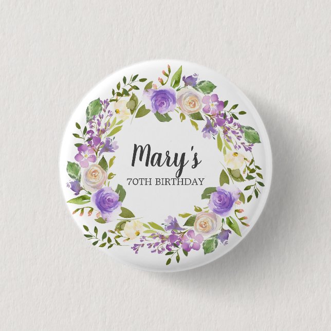 Badge Rond 2,50 Cm Bouton Rustique violet fleuri 70e anniversaire (Devant)
