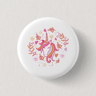 Badge Rond 2,50 Cm Bouton Unicorne rose et orange