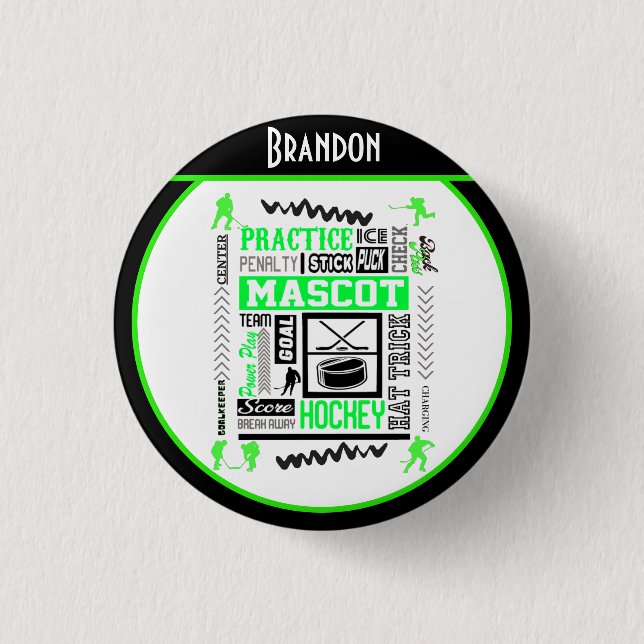 Badge Rond 2,50 Cm Boys Hockey Terminologie Personnalisée Neon Green (Devant)