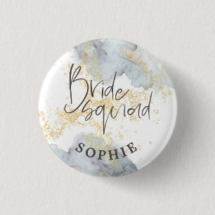 Badge Rond 2,50 Cm Bride Squad Blue Ombre Aquarelle Gold Splash Nom