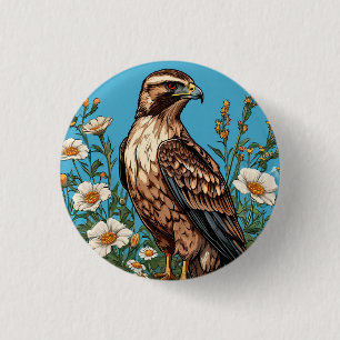 Badge Rond 2,50 Cm Buse commune Oiseau parmi les fleurs épanouies
