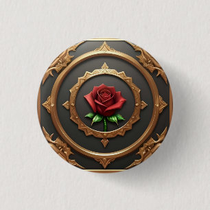 Badge Rond 2,50 Cm Cadre doré complexe avec rose rouge